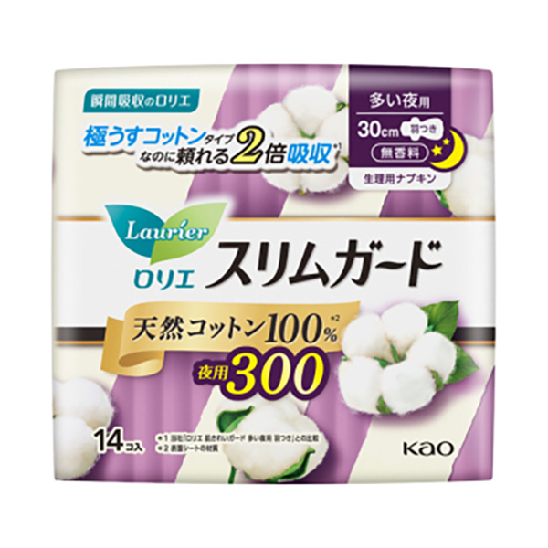 카오 로리에 슬림 가드 천연 코튼 100 % 양이 많은 밤 300 [생리 용품 냅킨 날개형] 14 개입